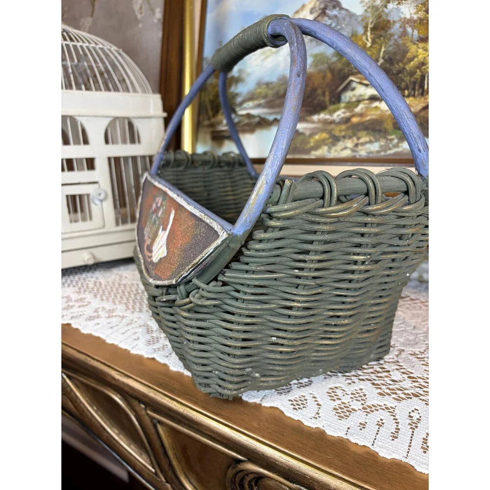 Vintage Hand Painted Goose Flower Cart Wicker Basket Country Cottagecore Decor